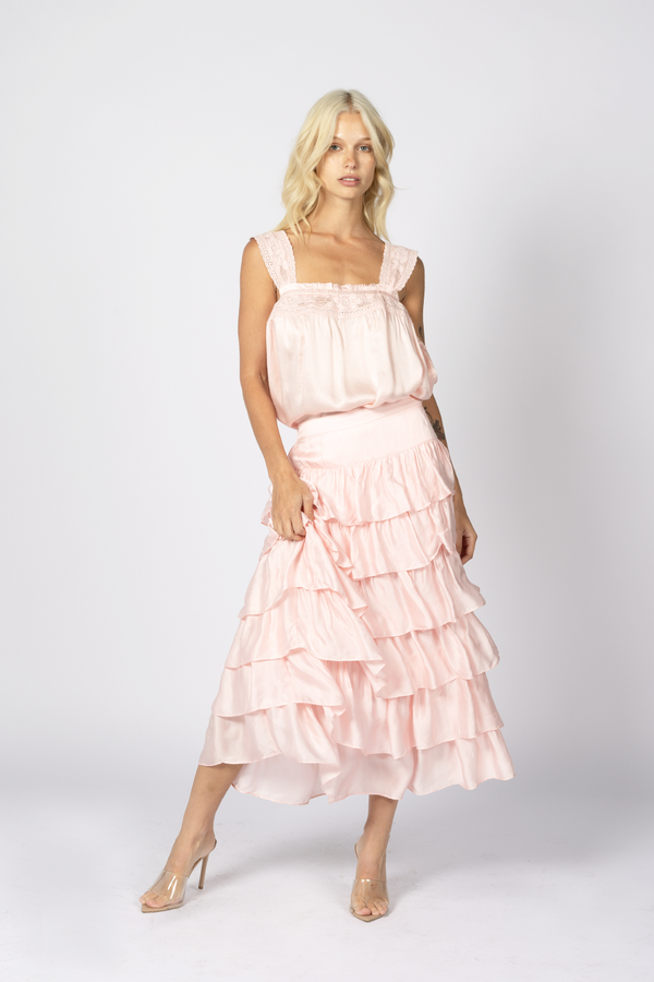 pink silk matching set skirt ruffle cami top