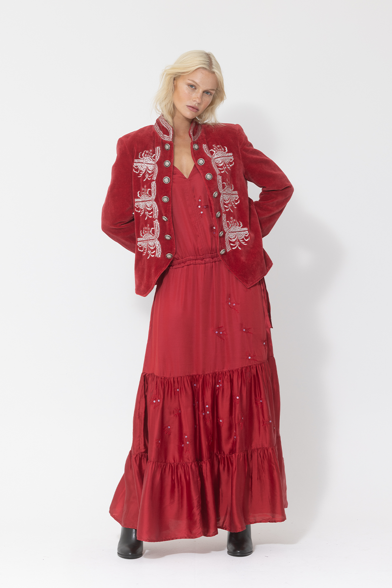 red velvet blazer silky maxi dress set outfit