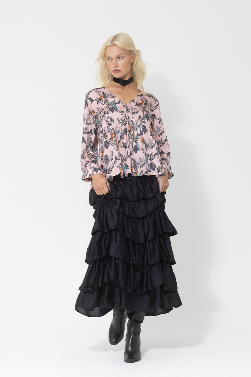 silk pink printed pattern blouse midi layer skirt