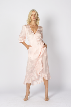 silk pink wrap over dress midi length