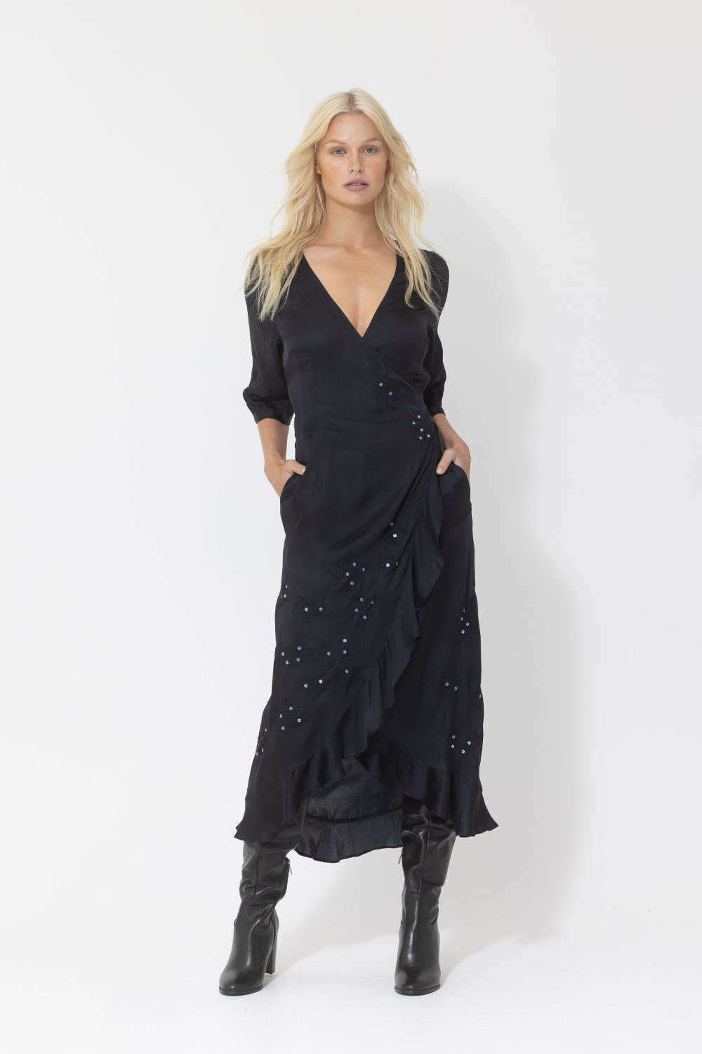black silk midi wrap dress