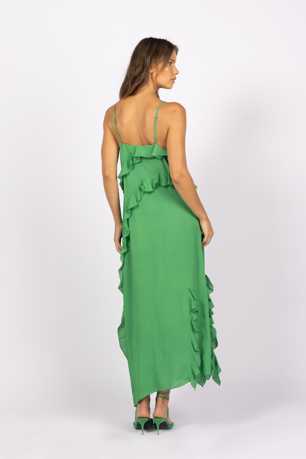 vibrant green v neck slip dress ruffle layers
