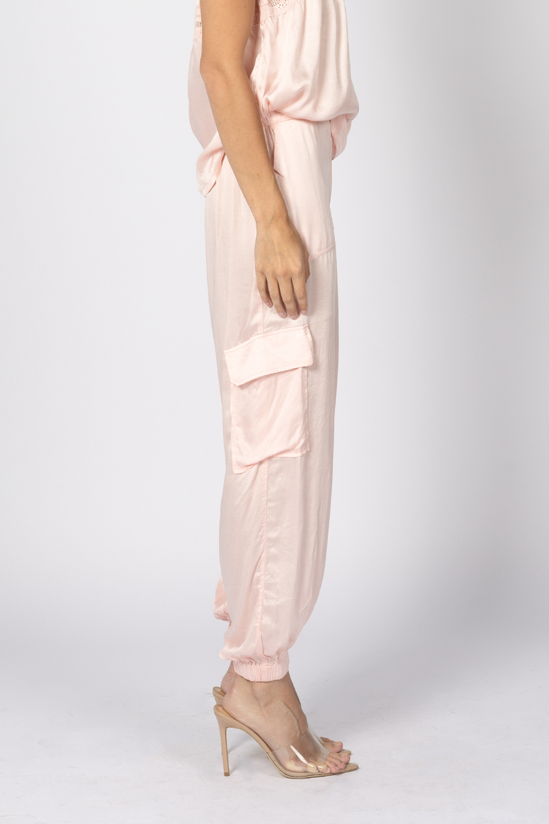 silk pink multi pocket cargo pants