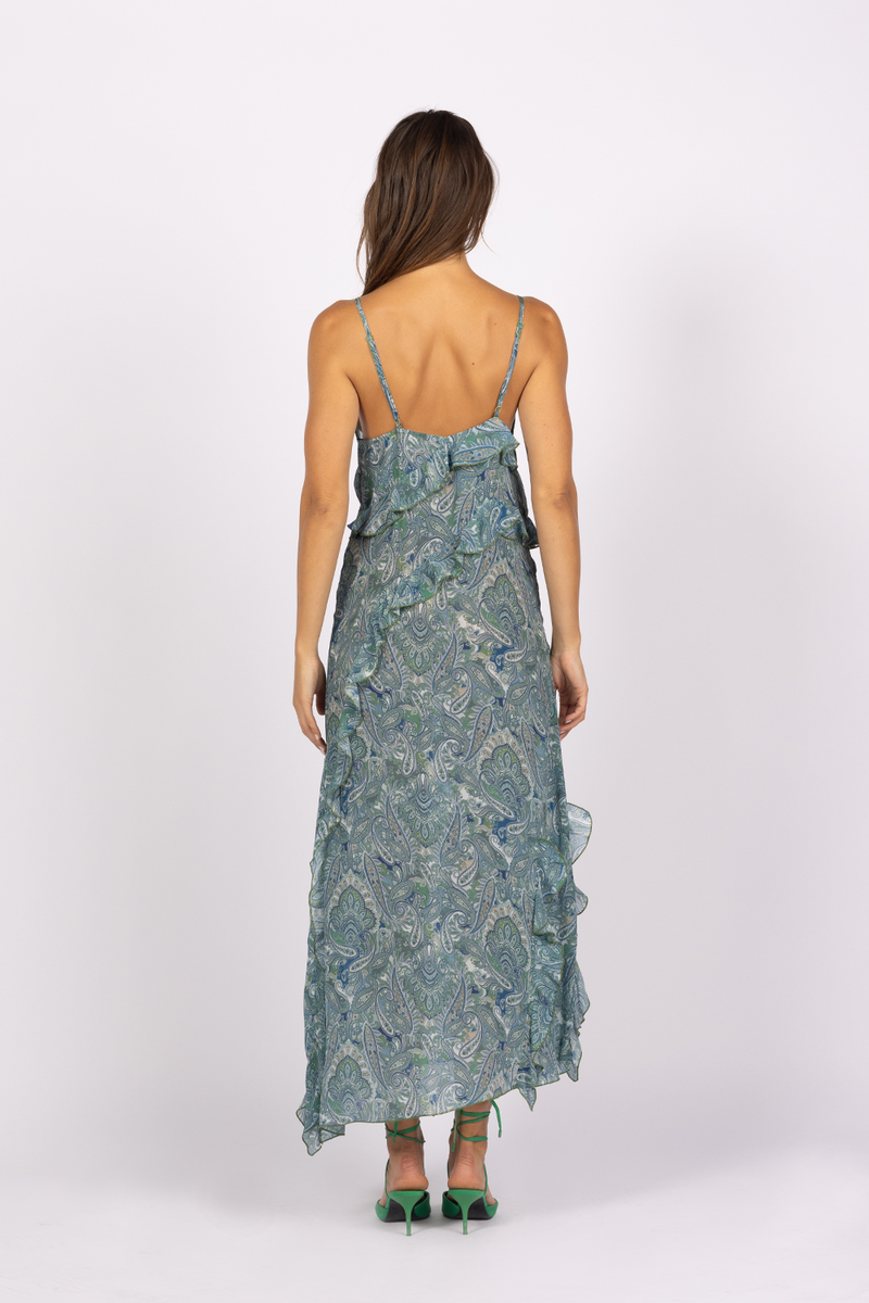 blue green paisley print frill maxi slip dress