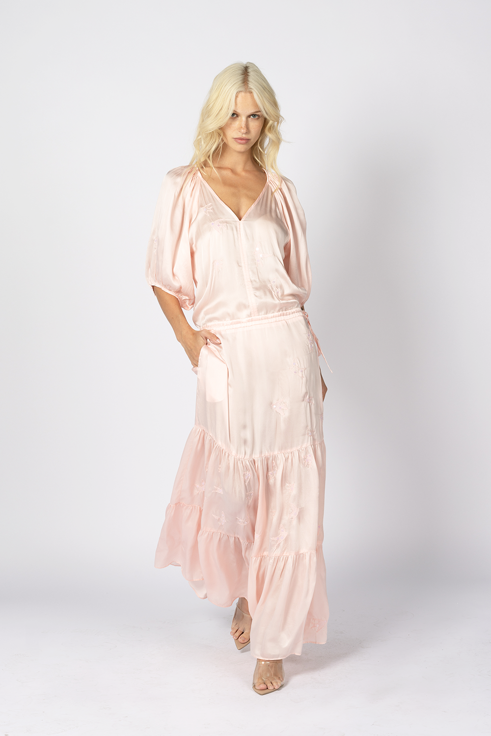 pink silky maxi dress tie waist