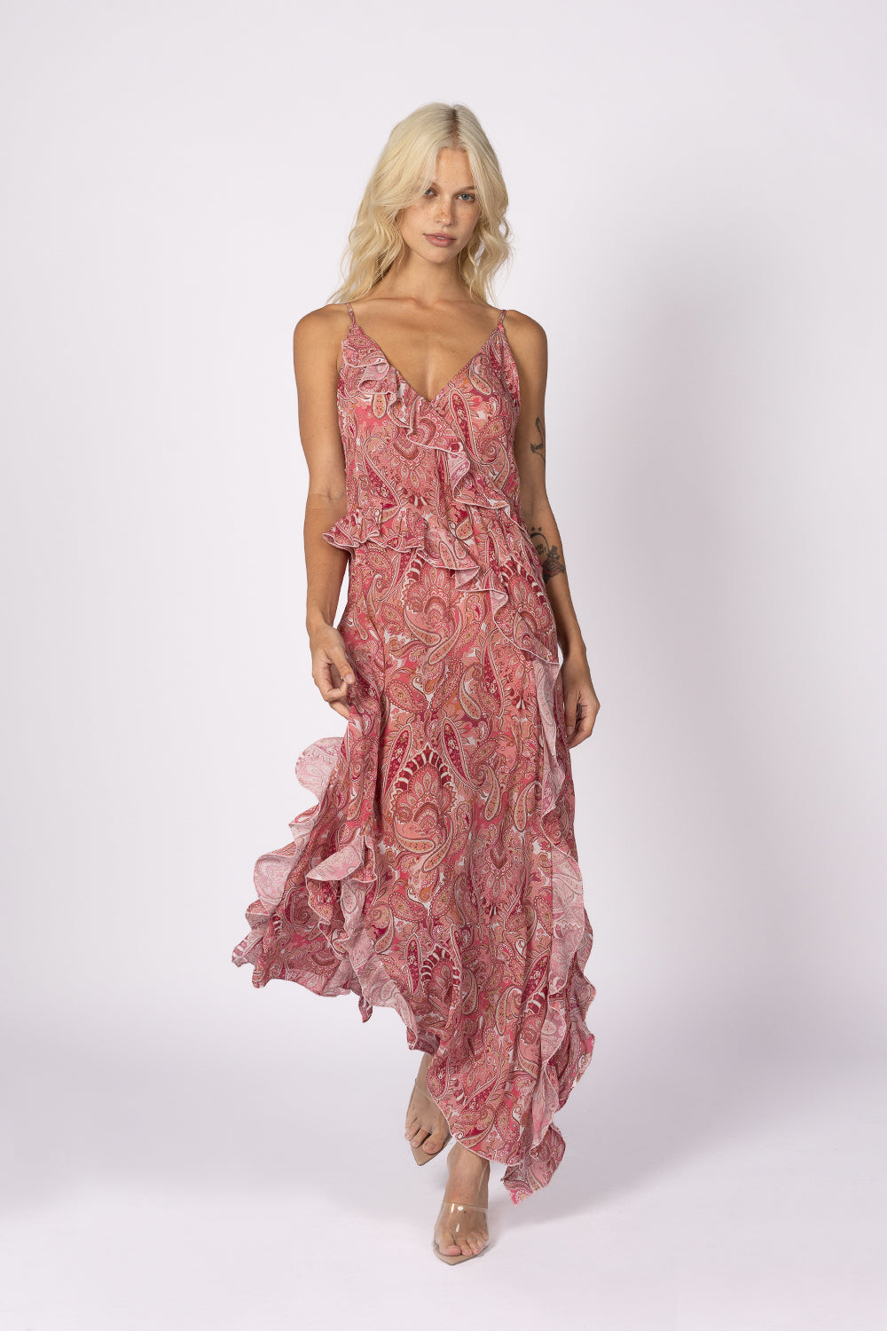 pink paisley floral print ruffle slip maxi dress