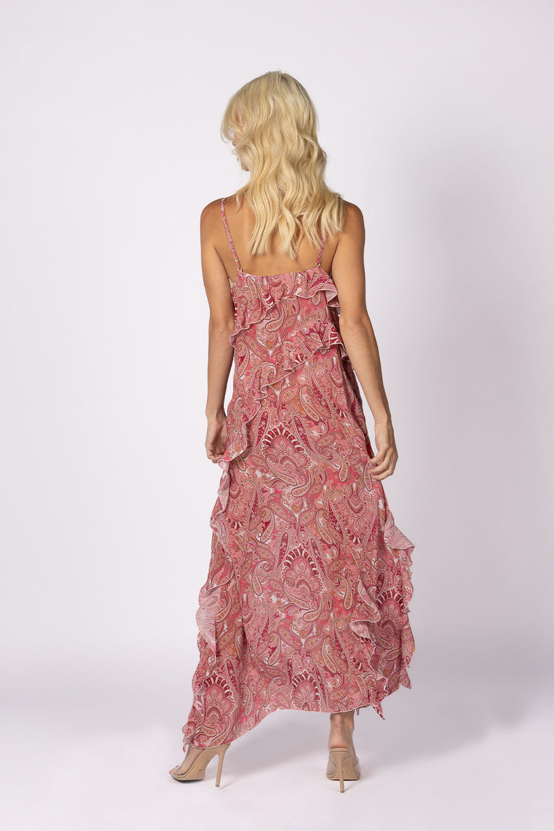 pink paisley print frill maxi slip dress side split