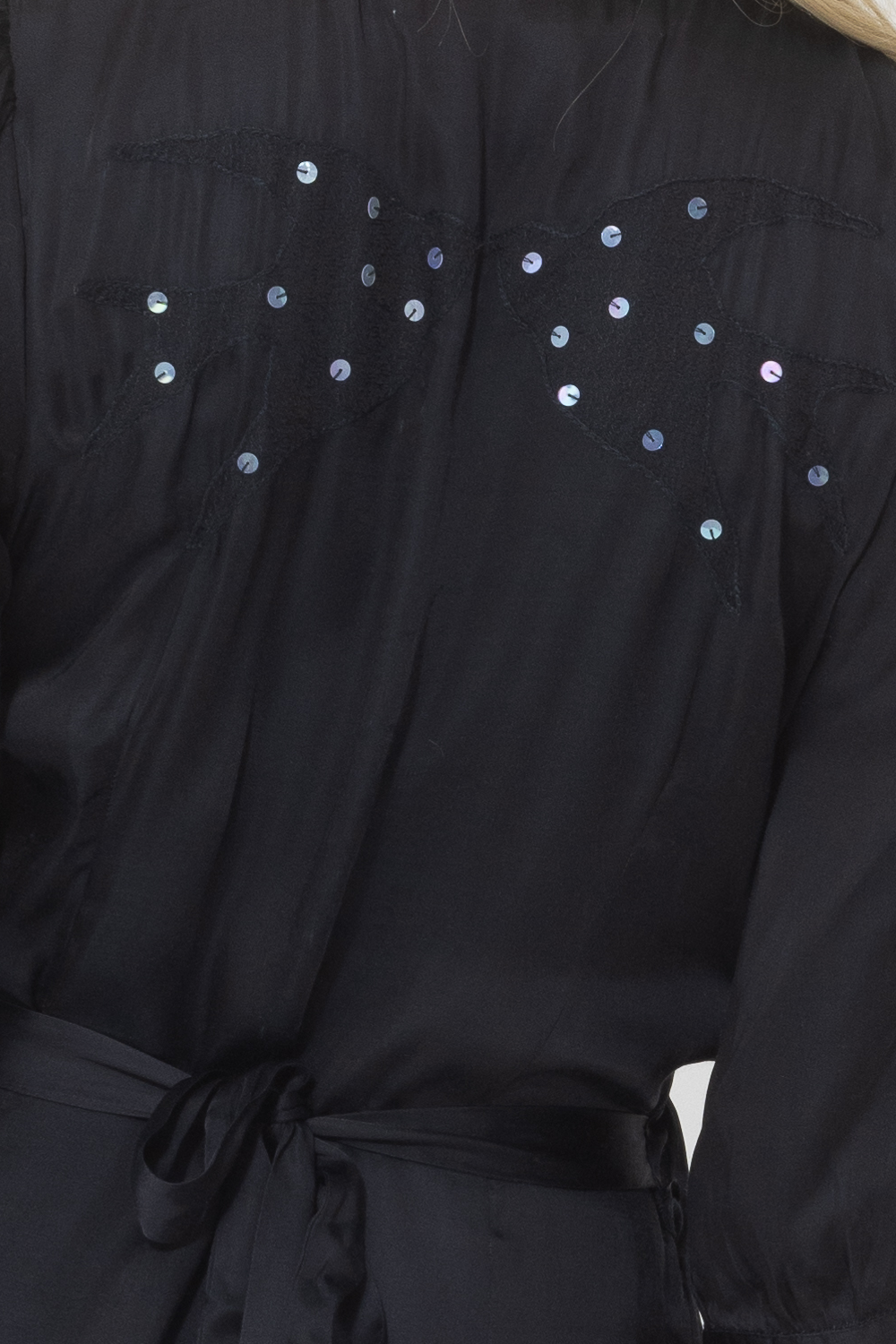 black sequin silk midi wrap dress