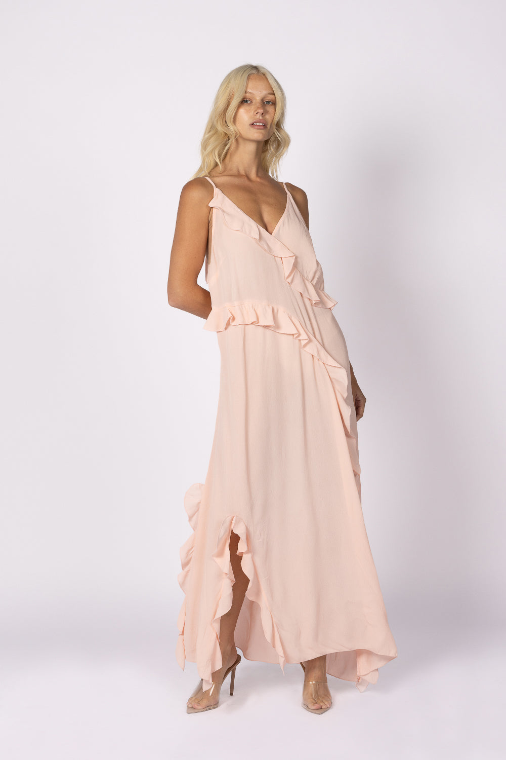 baby pink v neck ruffled slip dress