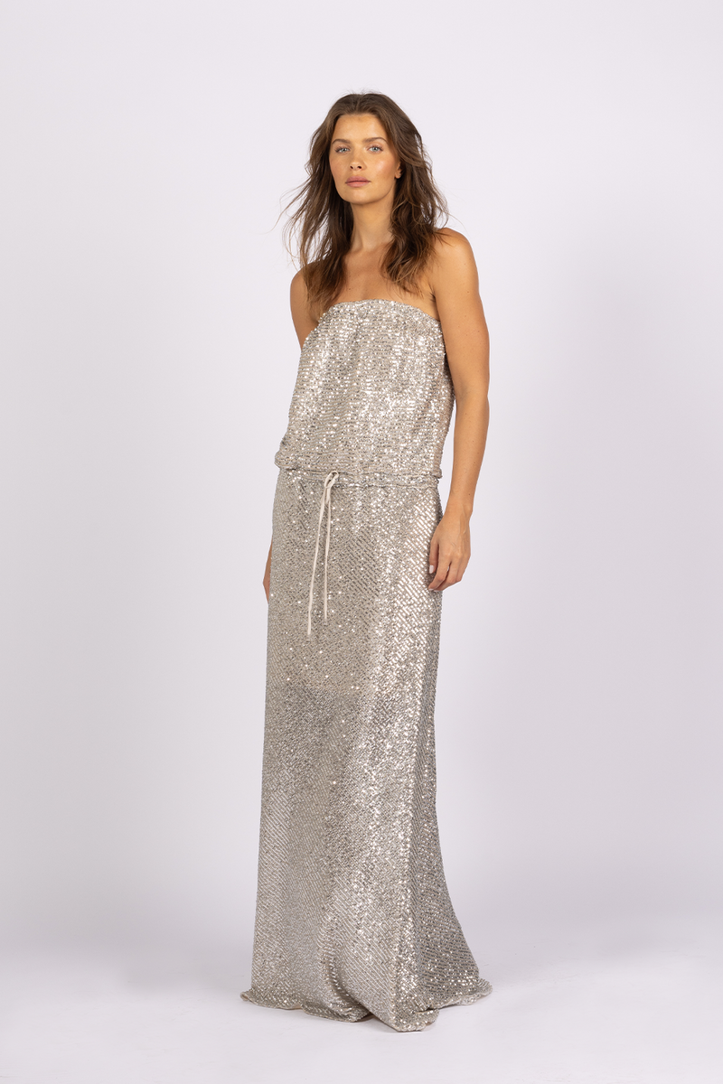 GODDESS SEQUIN STRAPLESS DRESS - SILVER