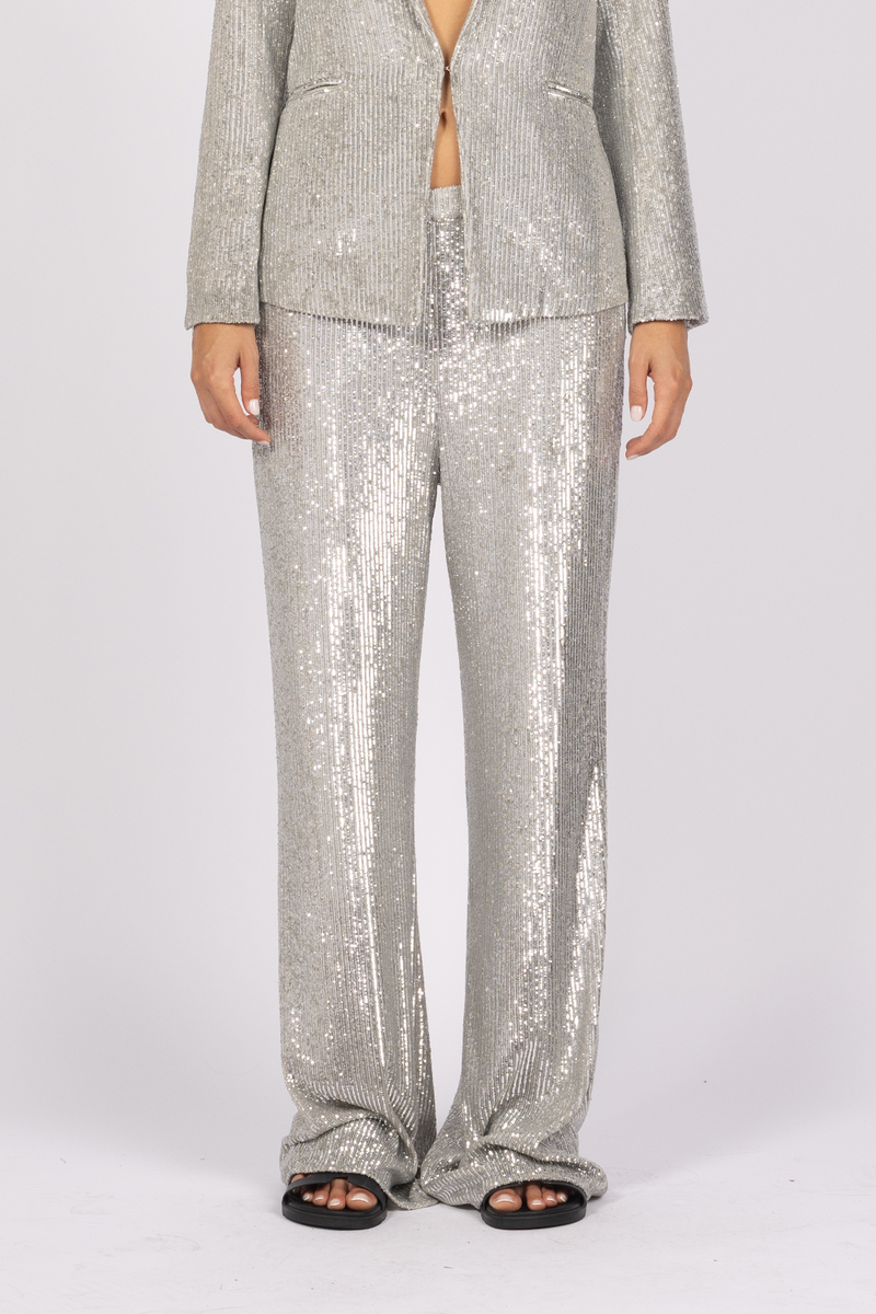 silver sequin metallic pant suit set