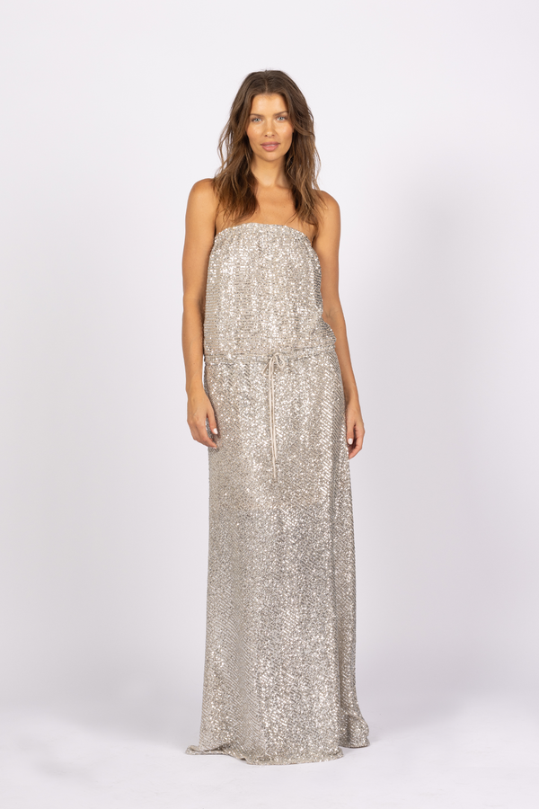 GODDESS SEQUIN STRAPLESS DRESS - SILVER