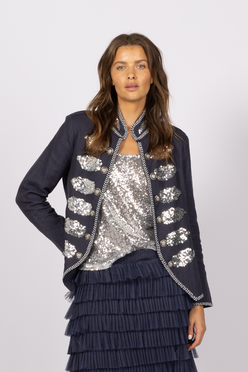 navy silver sequin military style linen jacket