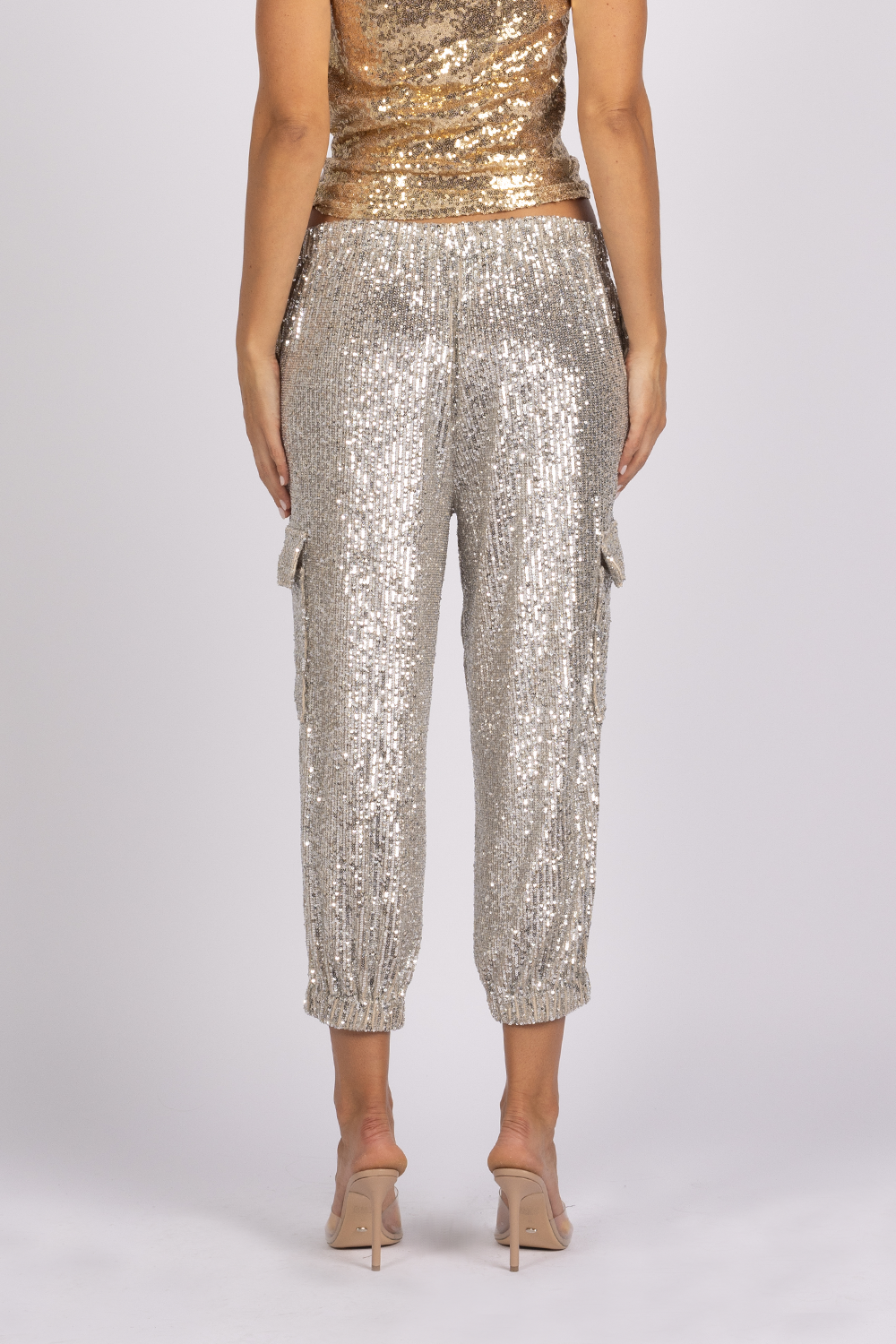 sequin silver cargo pocket pant 