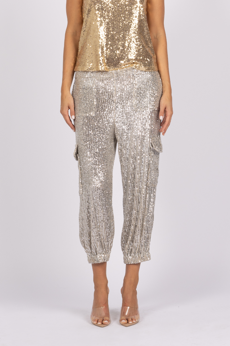 silver sequin cargo pant