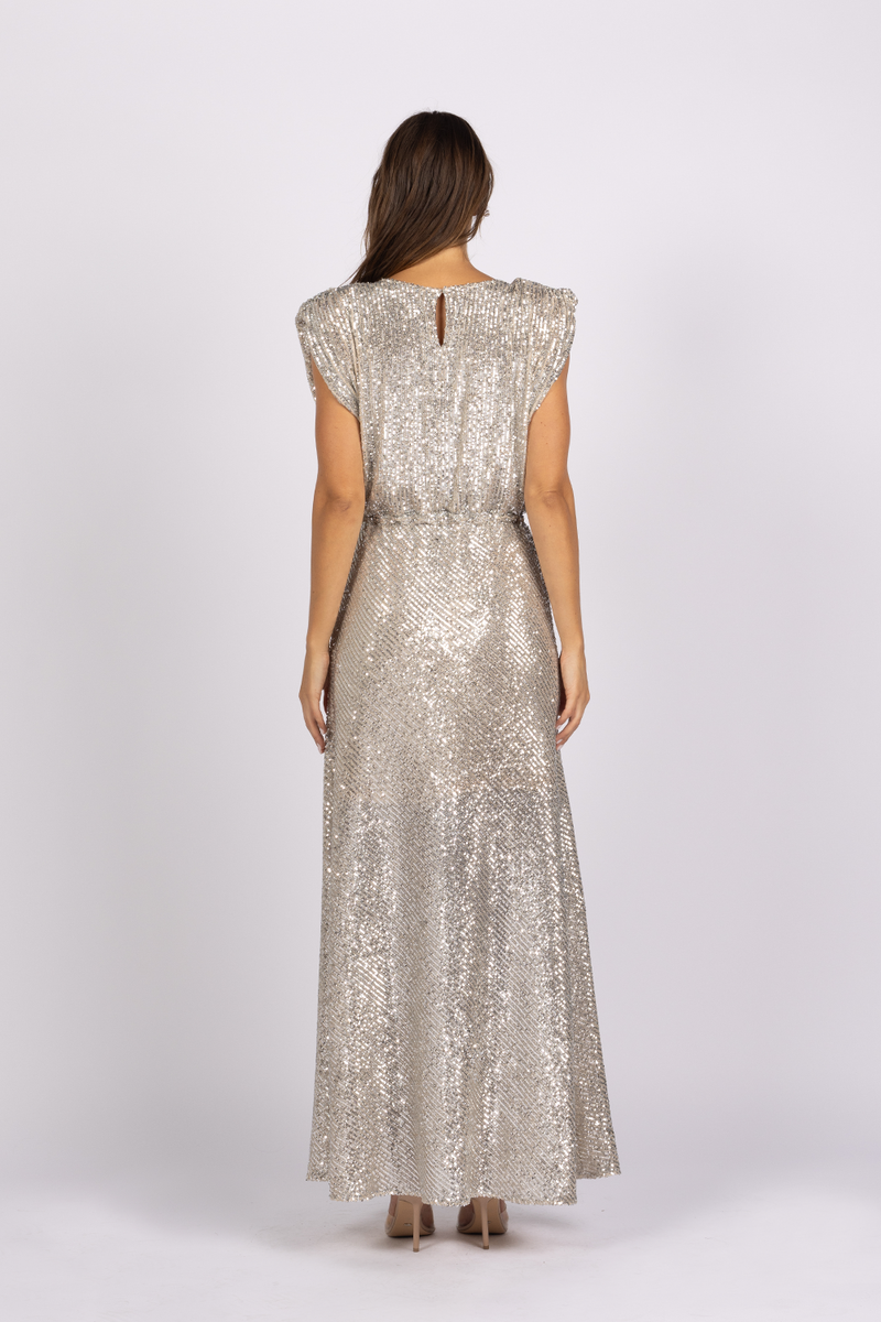 silver sequin maxi dress gown sleeveless