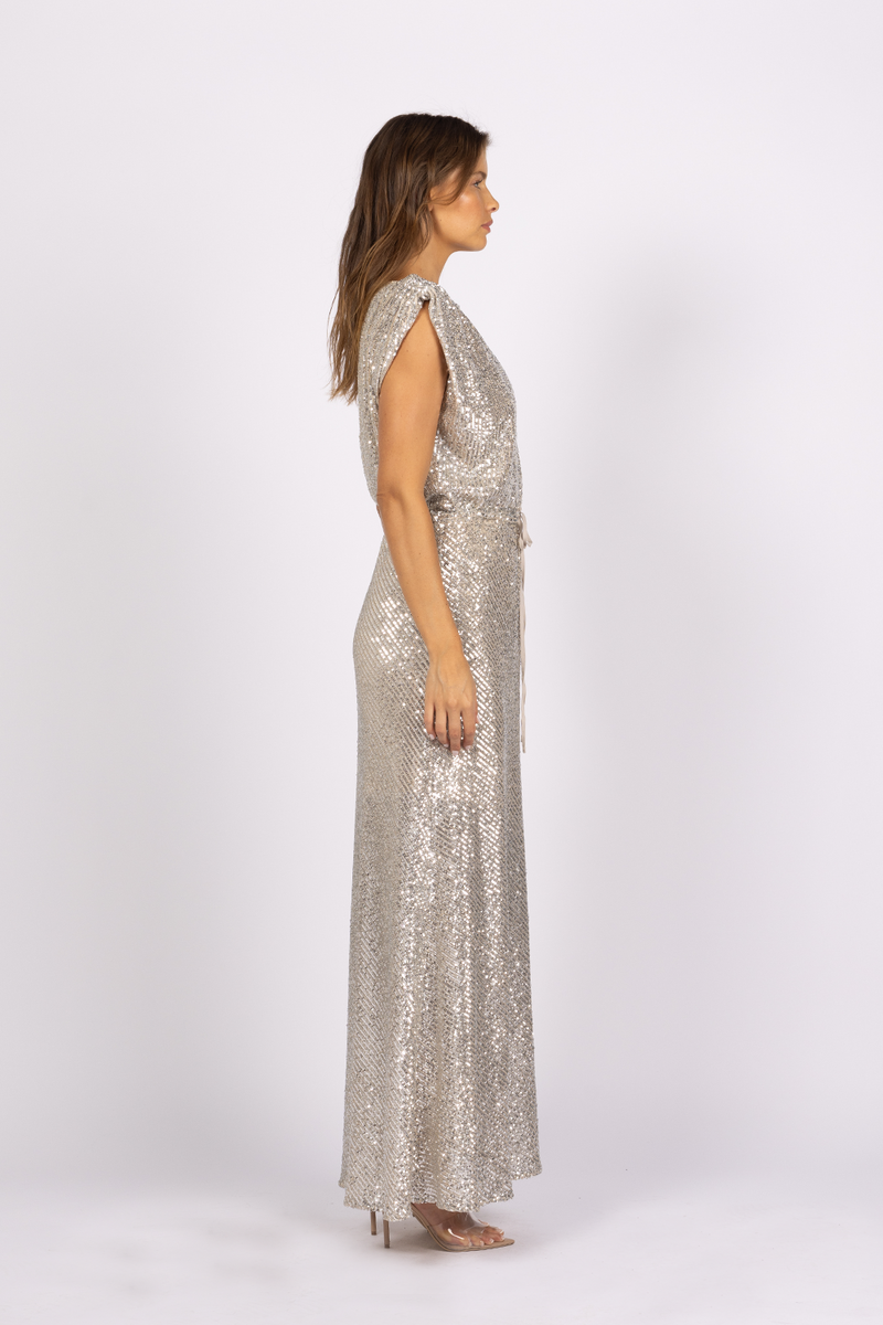 drape shoulder sequin stretch maxi dress gown 