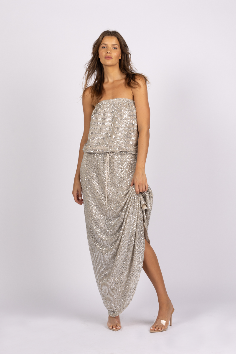 GODDESS SEQUIN STRAPLESS DRESS - SILVER