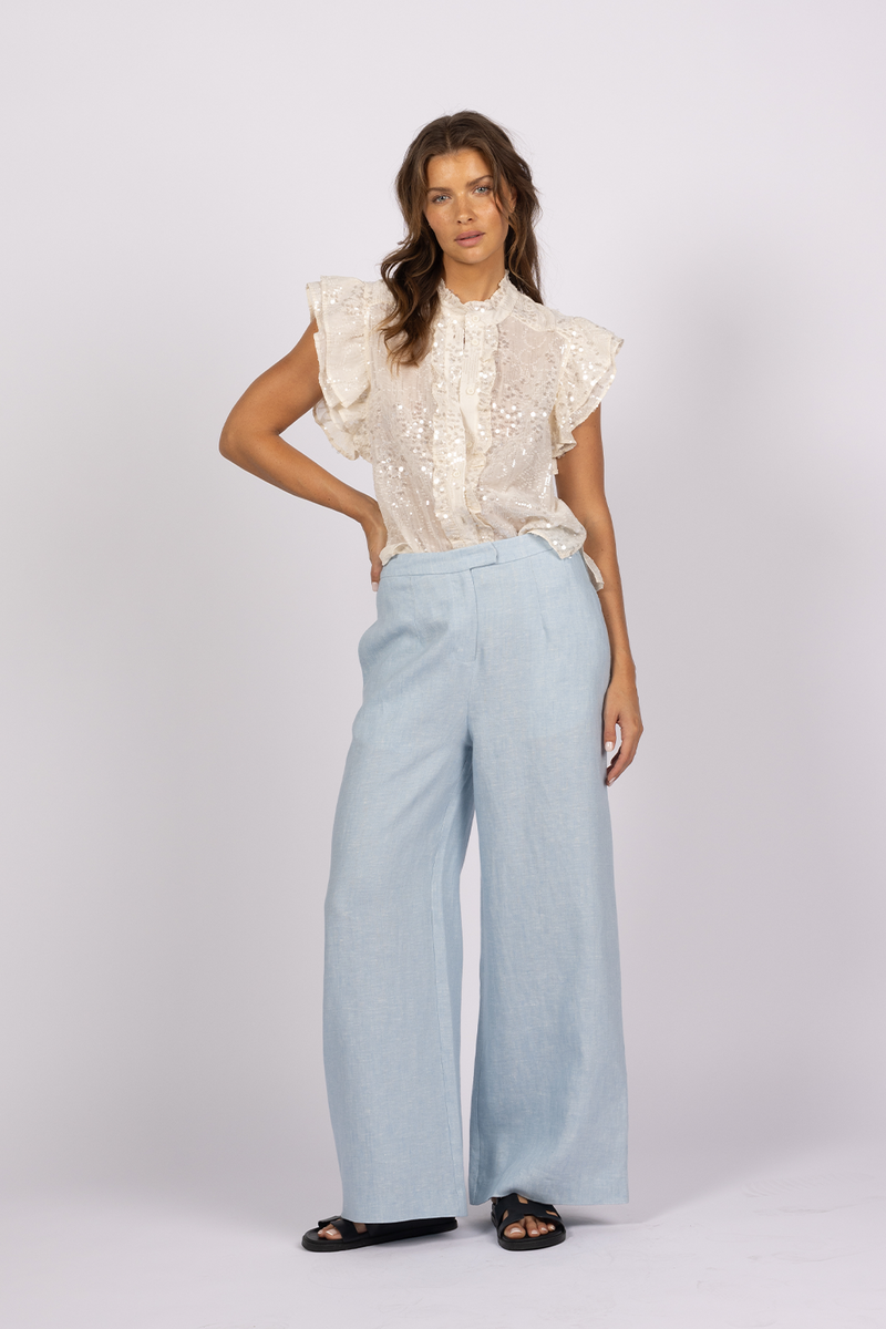 light blue linen wide leg pants