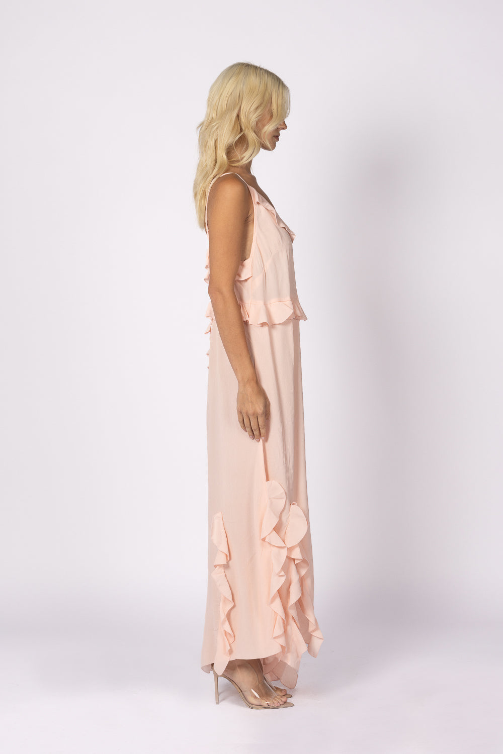 light pink ruffle side split slip dress maxi