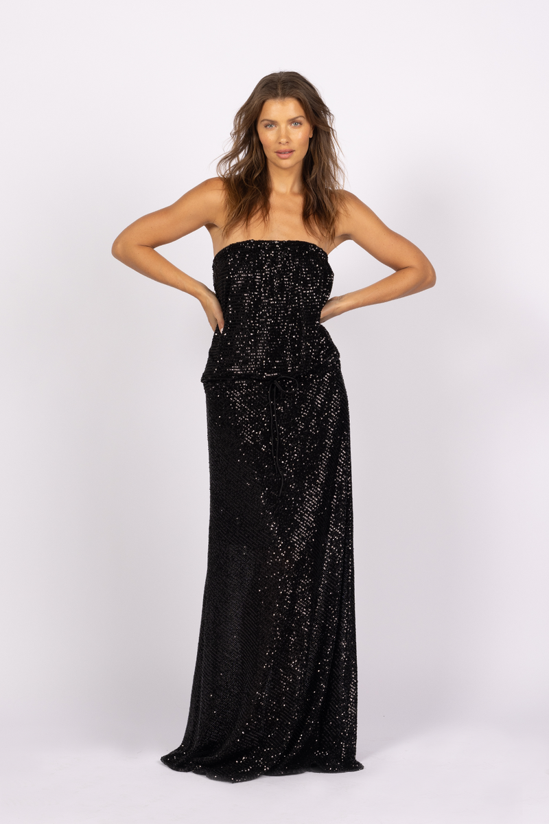 black sequin maxi dress strapless