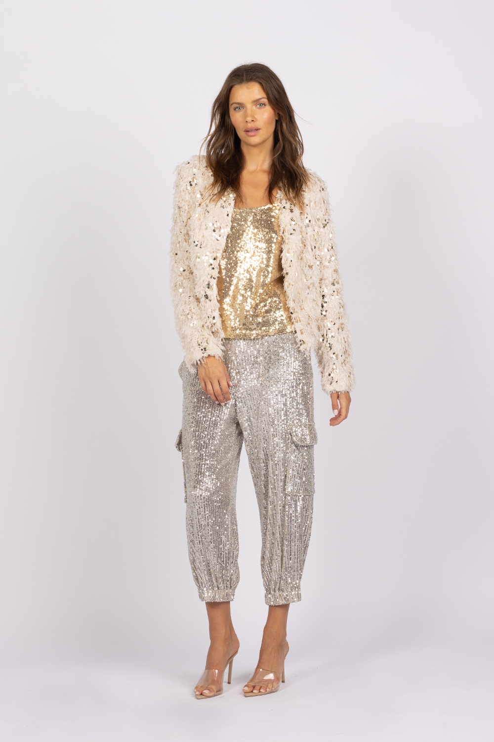 feather fur jacket white matching silver sequin pants