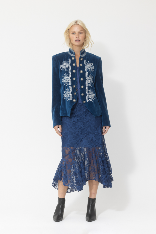 blue lace matching set skirt top velvet blazer blue