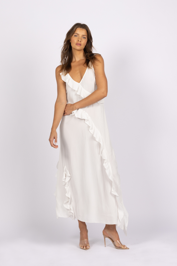 white ruffle frill maxi dress