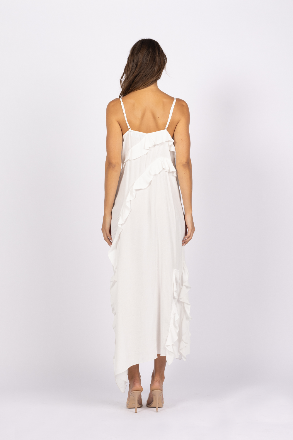 white v neck maxi dress frill