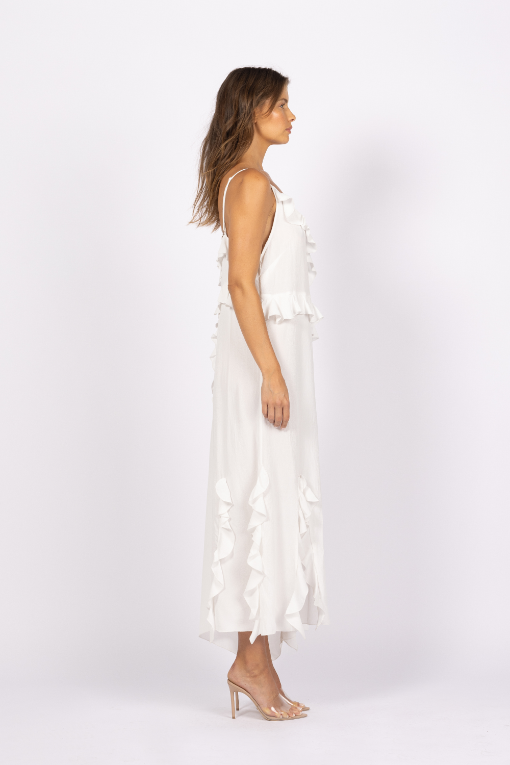 white ruffle maxi dress side split