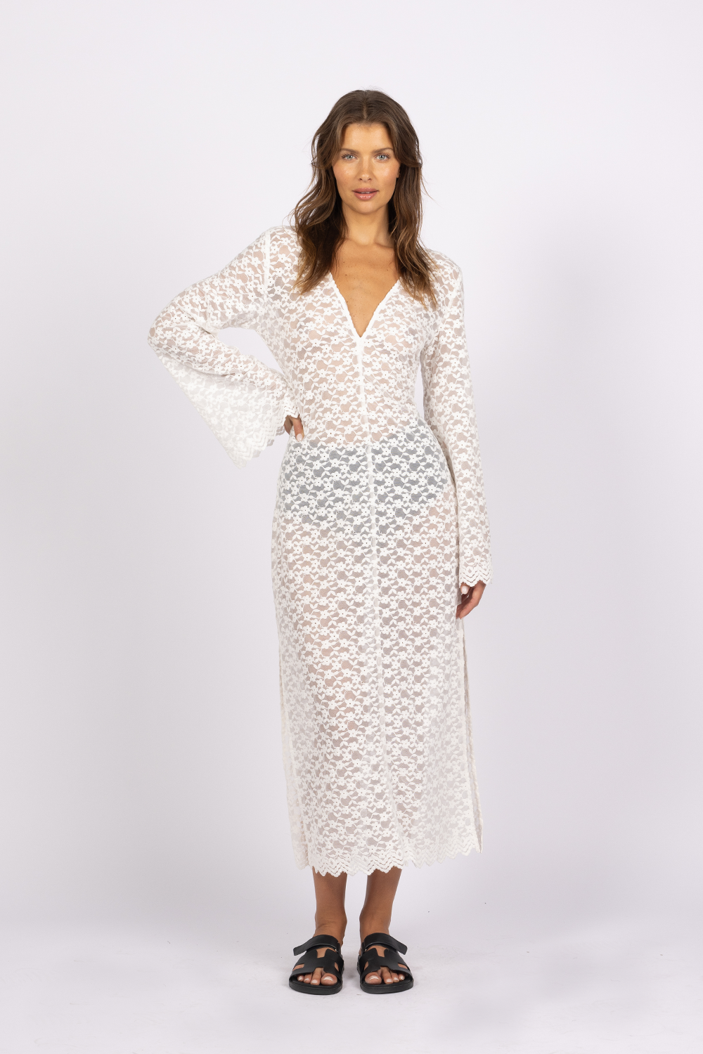 white long sleeve lace dress sheer split midi