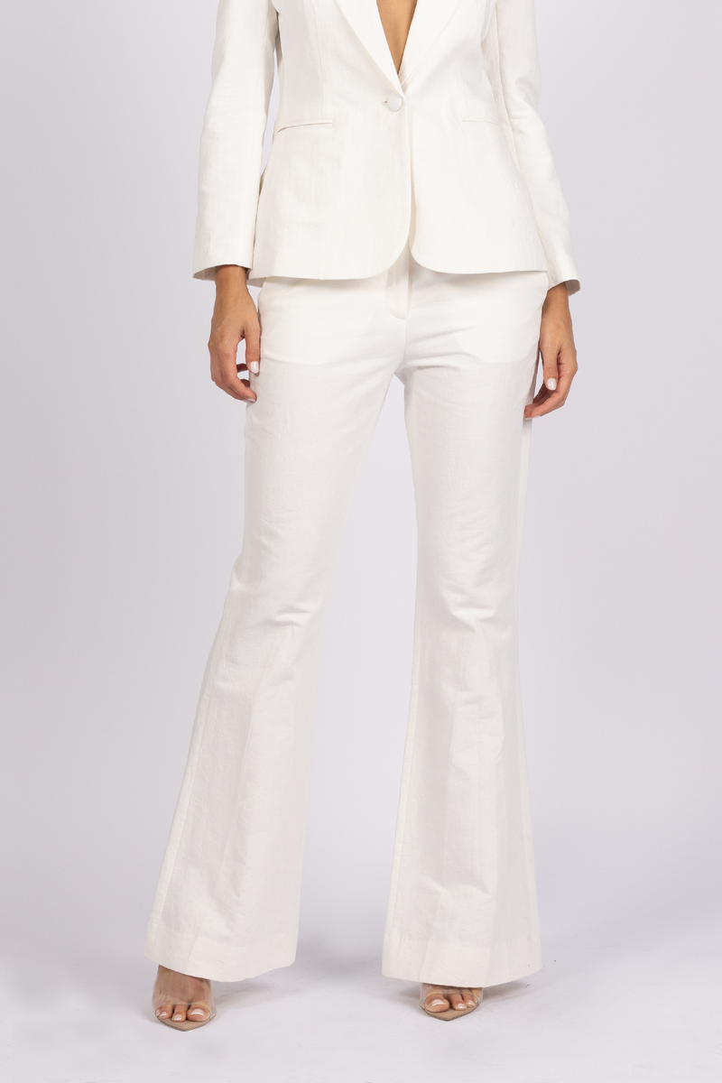 white bootcut flared pant suit 