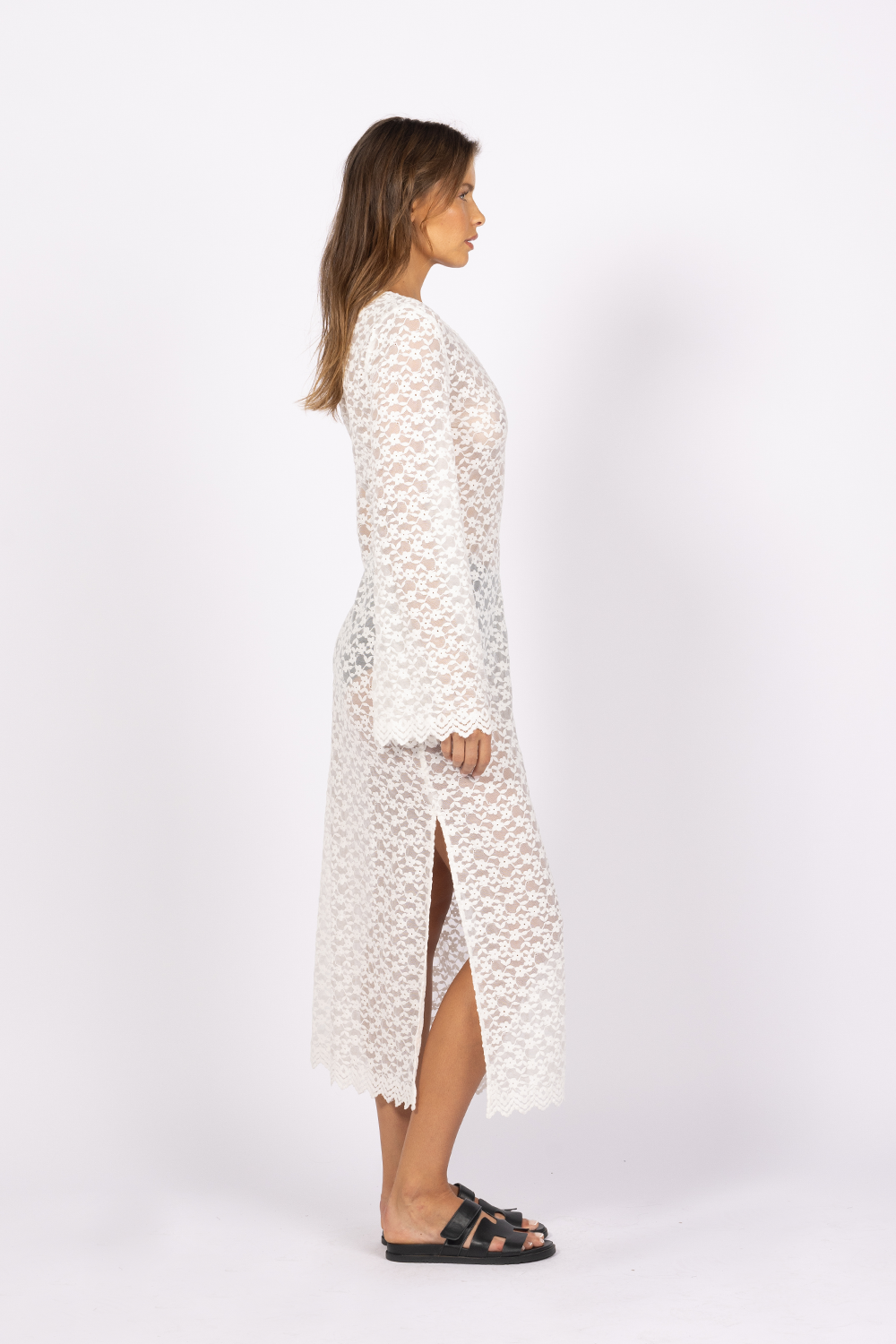 white long sleeve lace dress sheer split midi