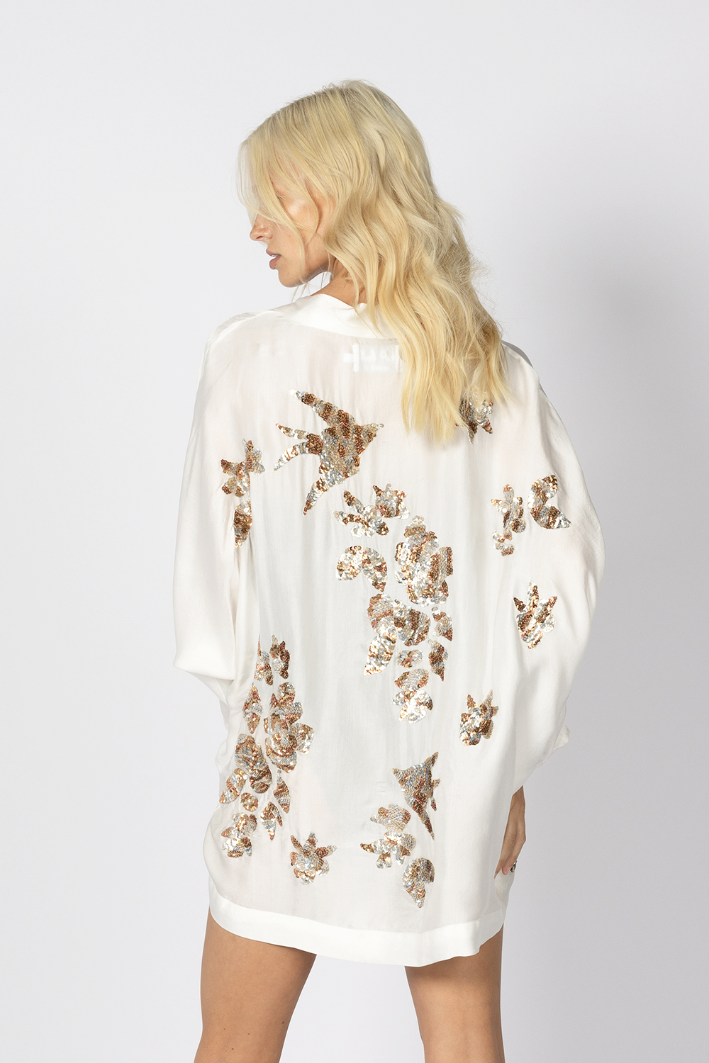 white silky sequin beach coverup kimono