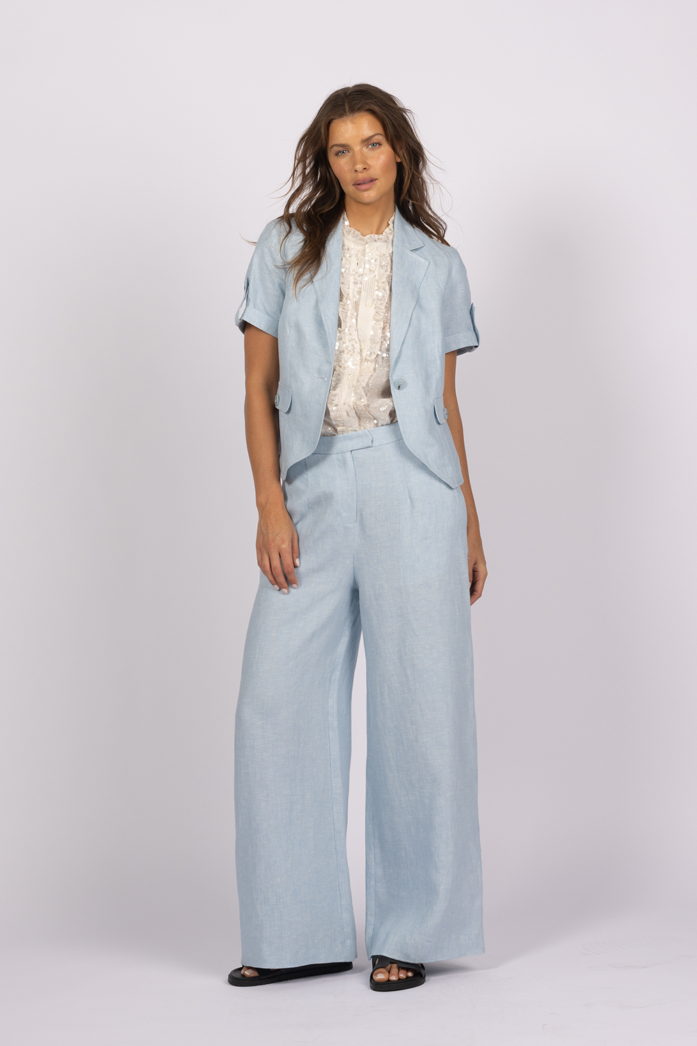 wide leg tailored pant linen blue suit       